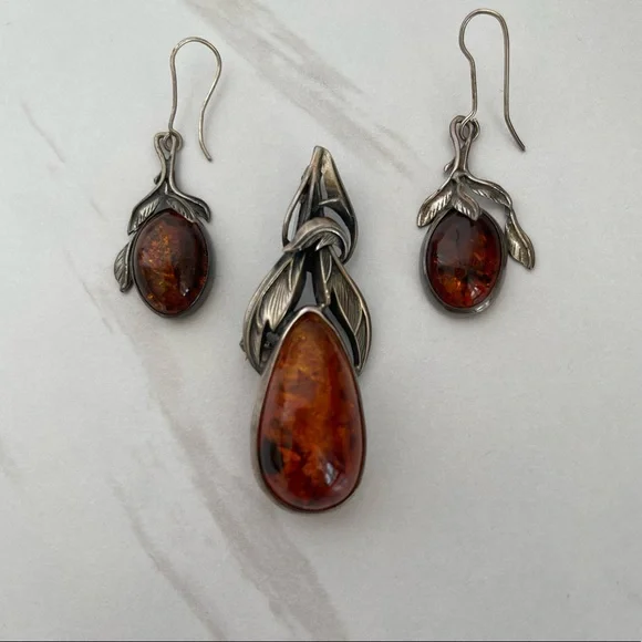 Vintage Sterling silver 925 Baltic Amber necklace pendant pin earrings brooch - Picture 14 of 16